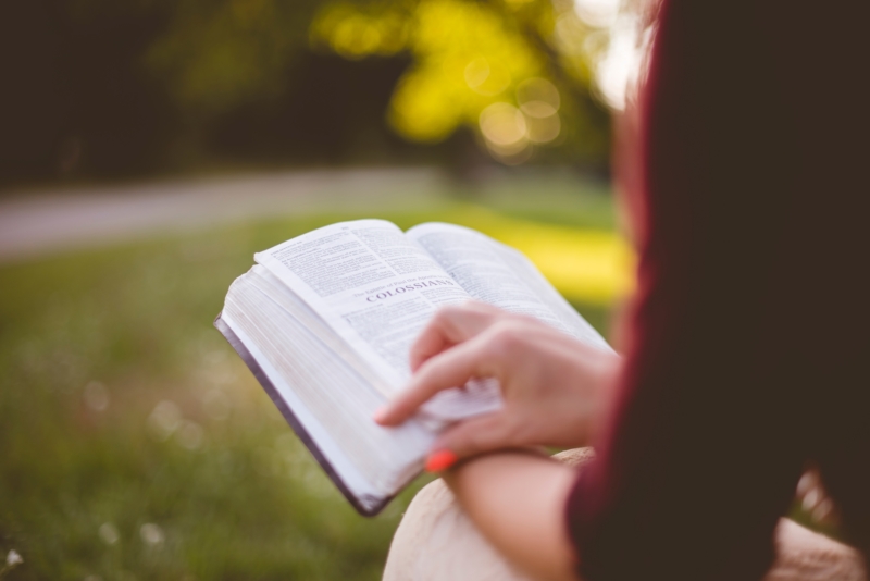 female with Holy Bible in lap